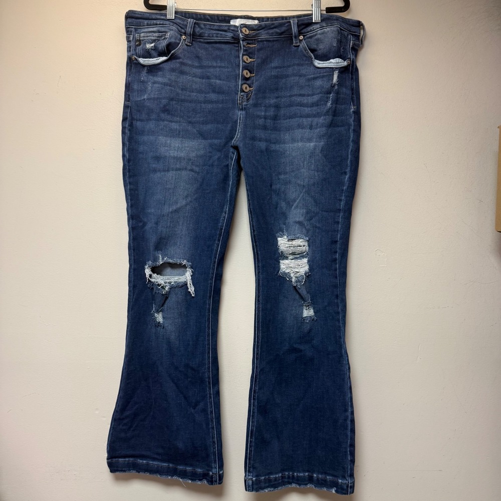 KanCan Flare Jeans Womens 36‎ Blue Good Distressed High Rise Button Fly KC6327DS